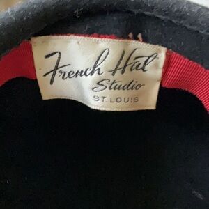Vintage Hat -1940’s? French Hat Studio St. Louis, black, red trim & straw acorns